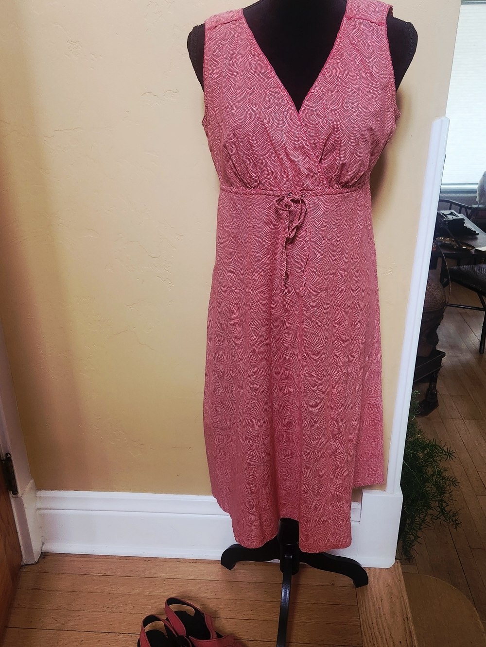 Sleeveless Red/Dark Coral Midi Wrap Dress with Drawstring Waist